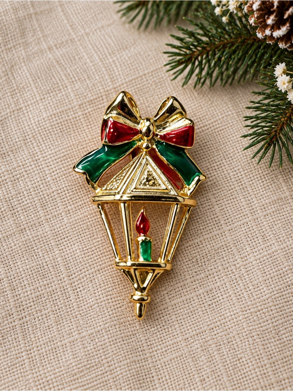 Vintage Gold Tone Christmas Lantern Enamel Bow Brooch Pin